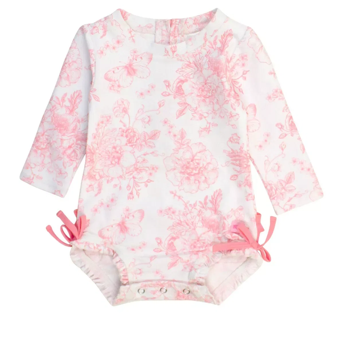 Детский купальник-рашгард с длинным рукавом RuffleButts, Bubblegum Pink Butterfly Garden Toile