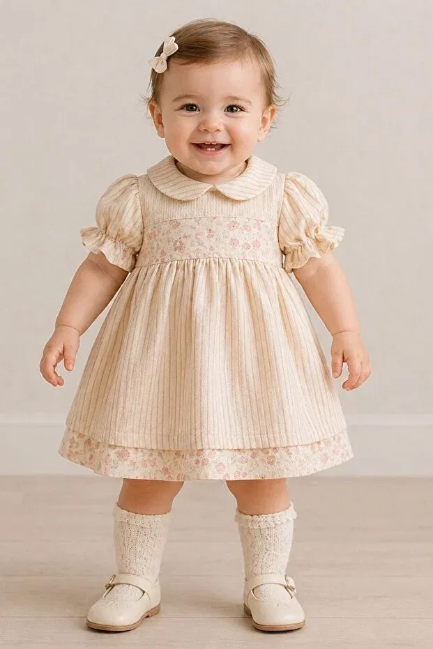 Детское платье для девочек с полоской Peter Pan collar Tongs Baby, Beige