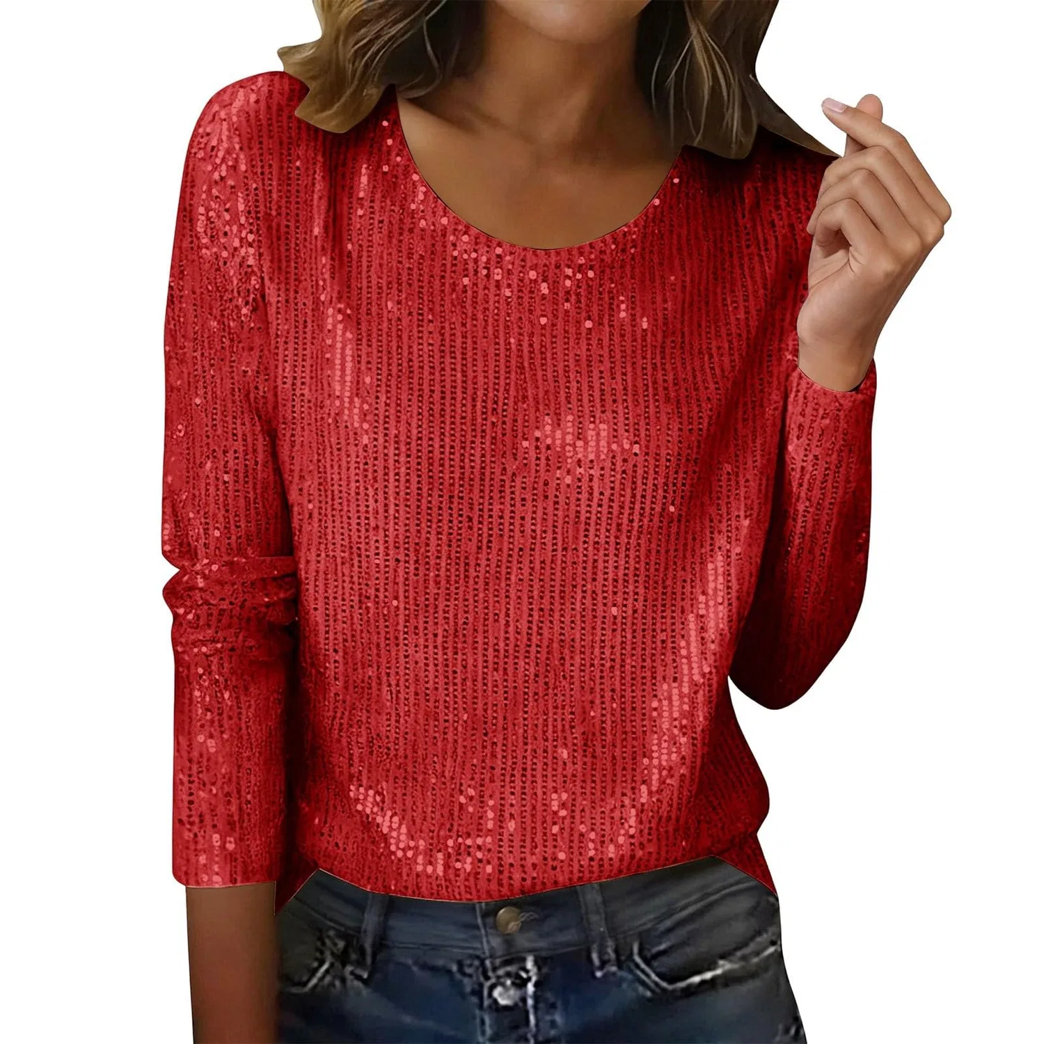 Женская блестящая блузка с длинным рукавом Sequin Tops, 1a-red