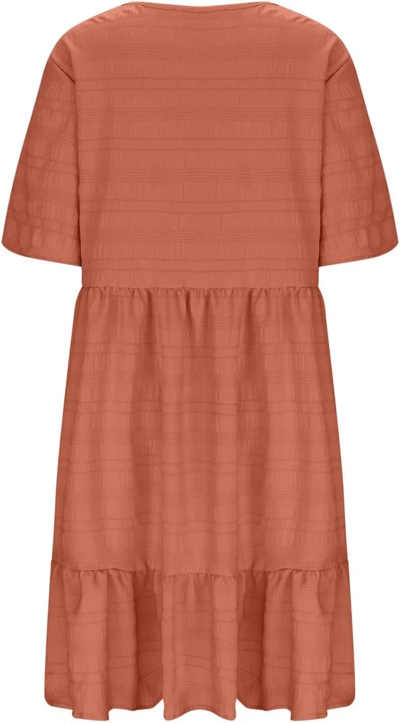 Платье повседневное с V-образным вырезом и рюшами, Plus Size, Brown — фото 4