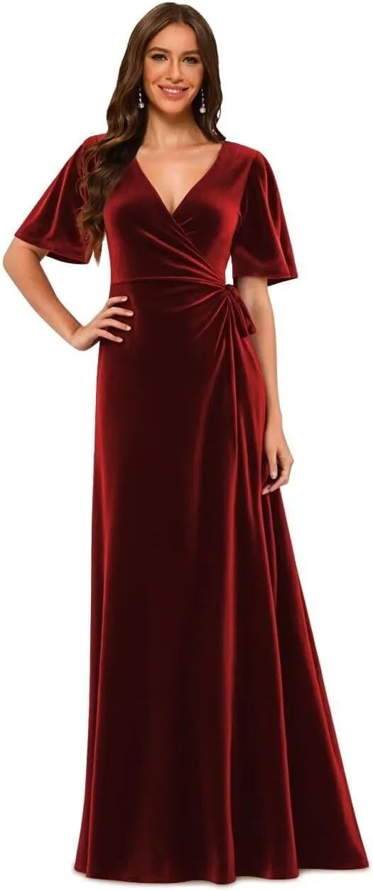Женское длинное бархатное платье с V-образным вырезом, Wine Red
