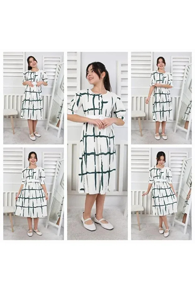 Детское платье для девочек с принтом Elegant Crepe Girl's Eid Dress Pumpido, Green — фото 2