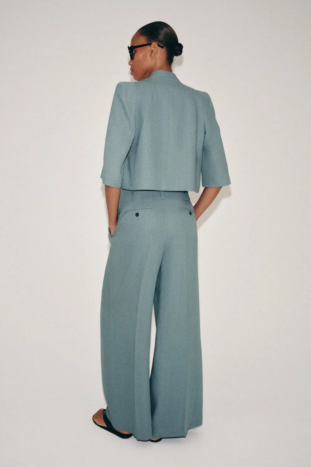 Укороченный блейзер из льняной смеси от ZW COLLECTION ZARA, Blue/Grey — фото 3