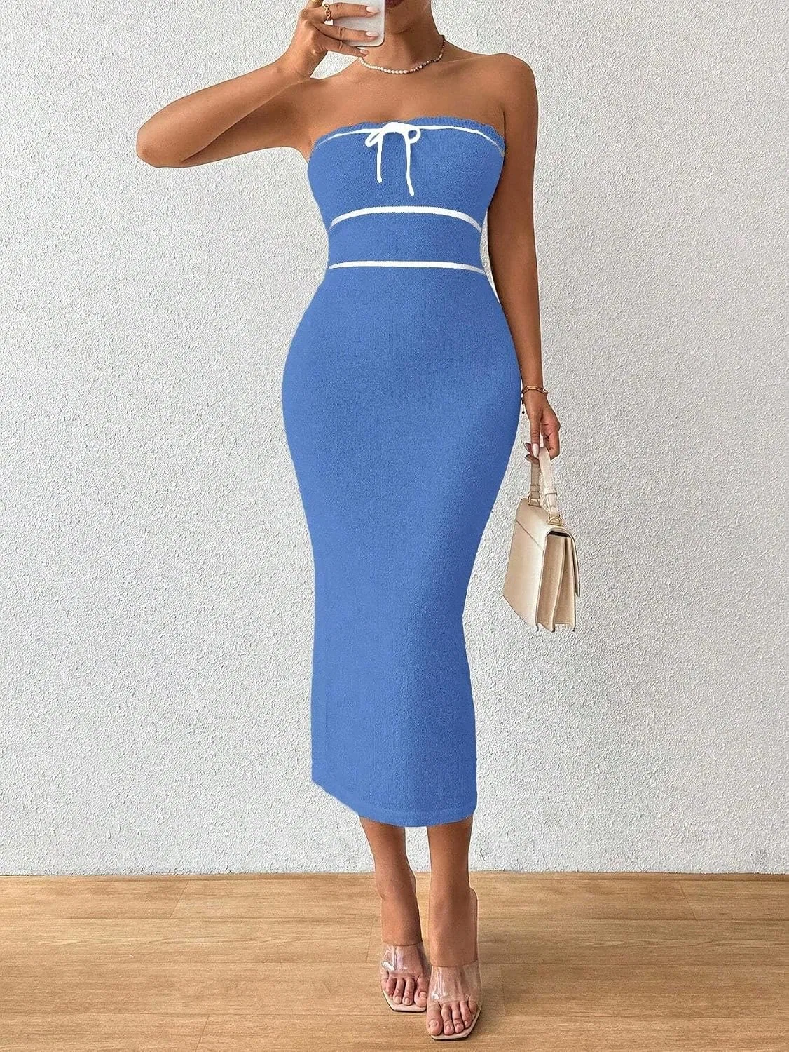 Женское платье длинное облегающее без бретелек Huhuidong, Mint Blue — фото 4