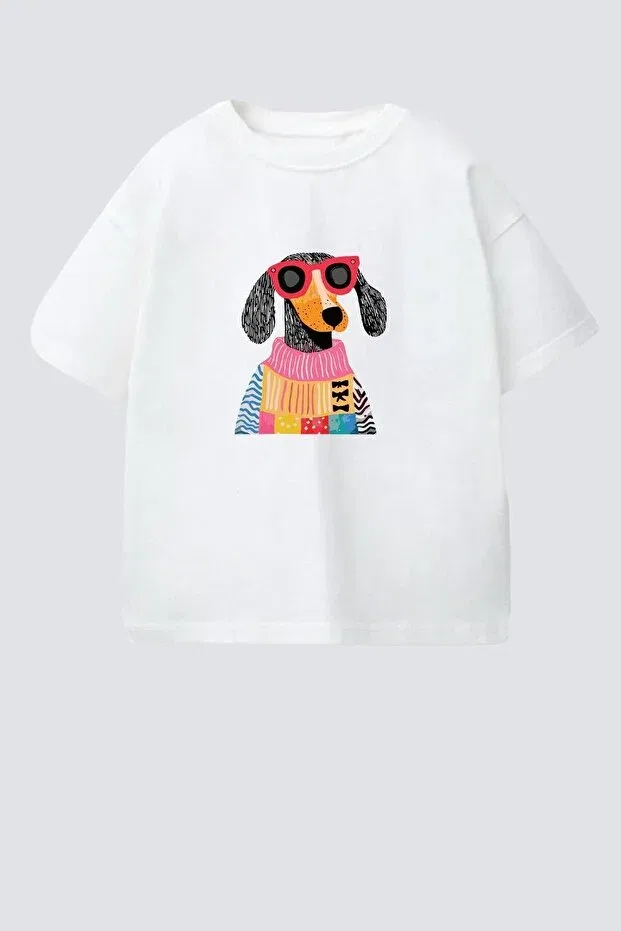 Детская футболка для девочек с принтом Girl'S dog printed cotton crew neck t-shirt Monila, Ecru