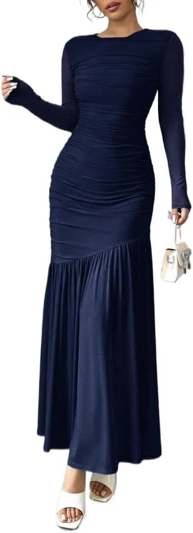 Женское платье-миди с длинным рукавом Mesh, Round Neck, Navy Blue