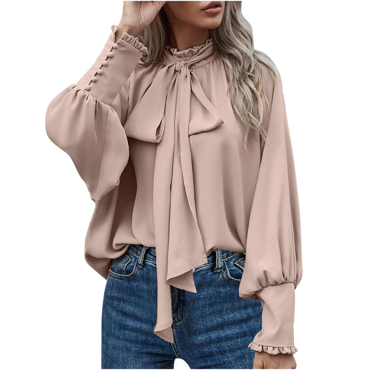 Женская блузка с бантом и рукавом-фонарик Elegant Bow Knot Mock Neck Top Ruffles Sleeve Lantern Chiffon Shirts, Beige