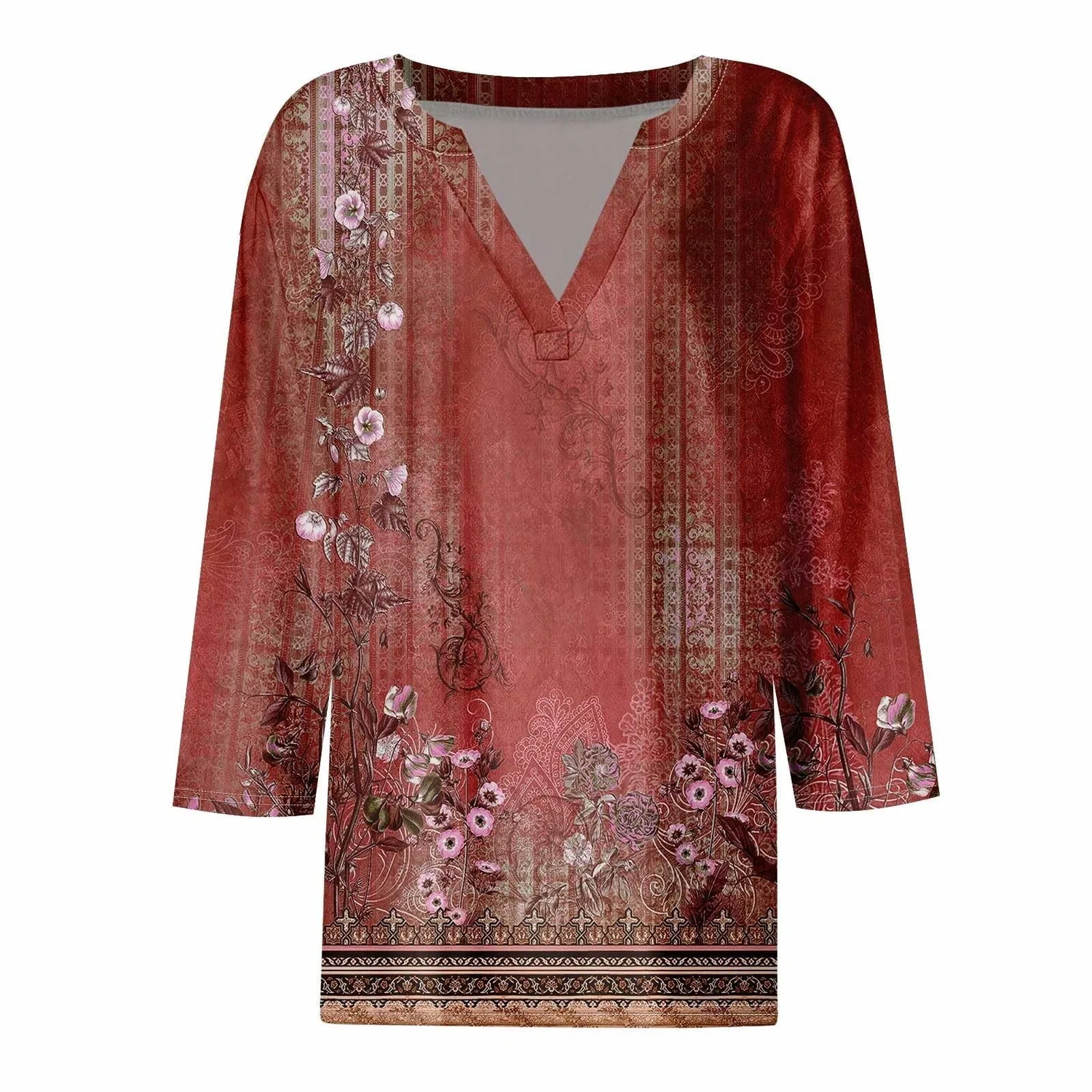 Женская блуза с принтом Women Blouses 3/4 Sleeve V Neck Casual Elegant Summer Boho Floral Print Blouses, 39#rosso — фото 3