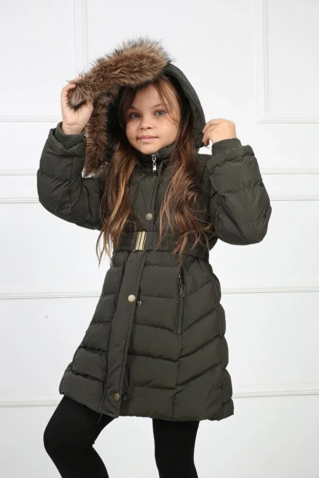 Детский пуховик для девочек с капюшоном Khaki Plush Puffer Generic Brands, Khaki — фото 2