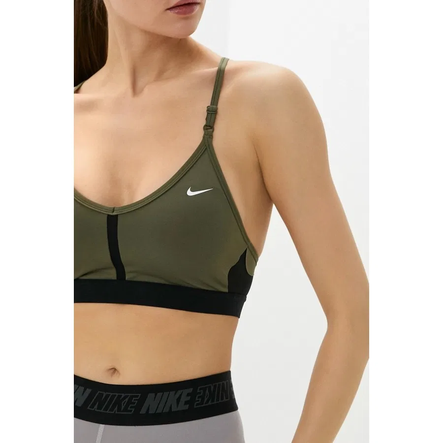 Спортивный бюстгальтер с V-образным вырезом, быстросохнущий, Nike Dri-Fit Indy V Neck Light Support, Хаки — фото 3