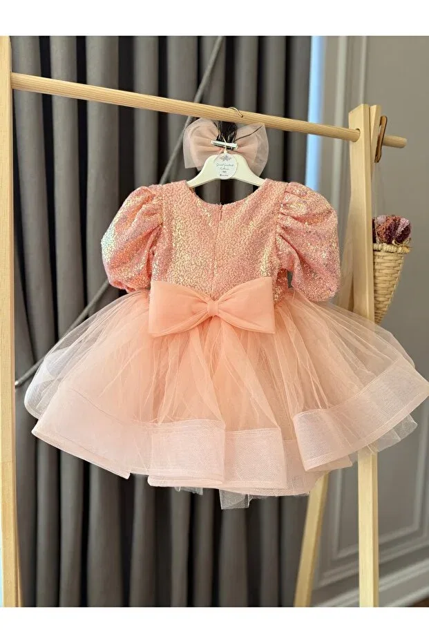 Детское платье-трапеция для девочек с пайетками Sequin sequined tutu puffy birthday party costume short balloon sleeves evening dresses girls kids dress Baby, Salmon
