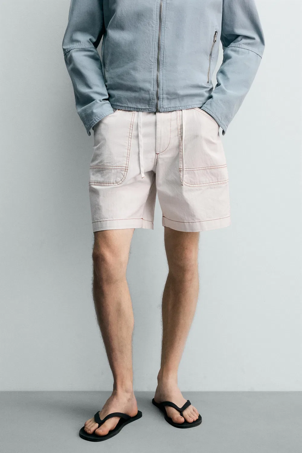 Шорты-бермуды свободного кроя с контрастной строчкой. ZARA, Oyster-white — фото 2