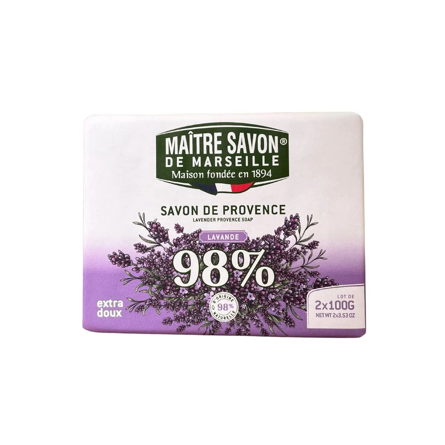 Мыло твердое Lavender, MAITRE SAVON DE MARSEILLE, 2 x 100 г, Purple