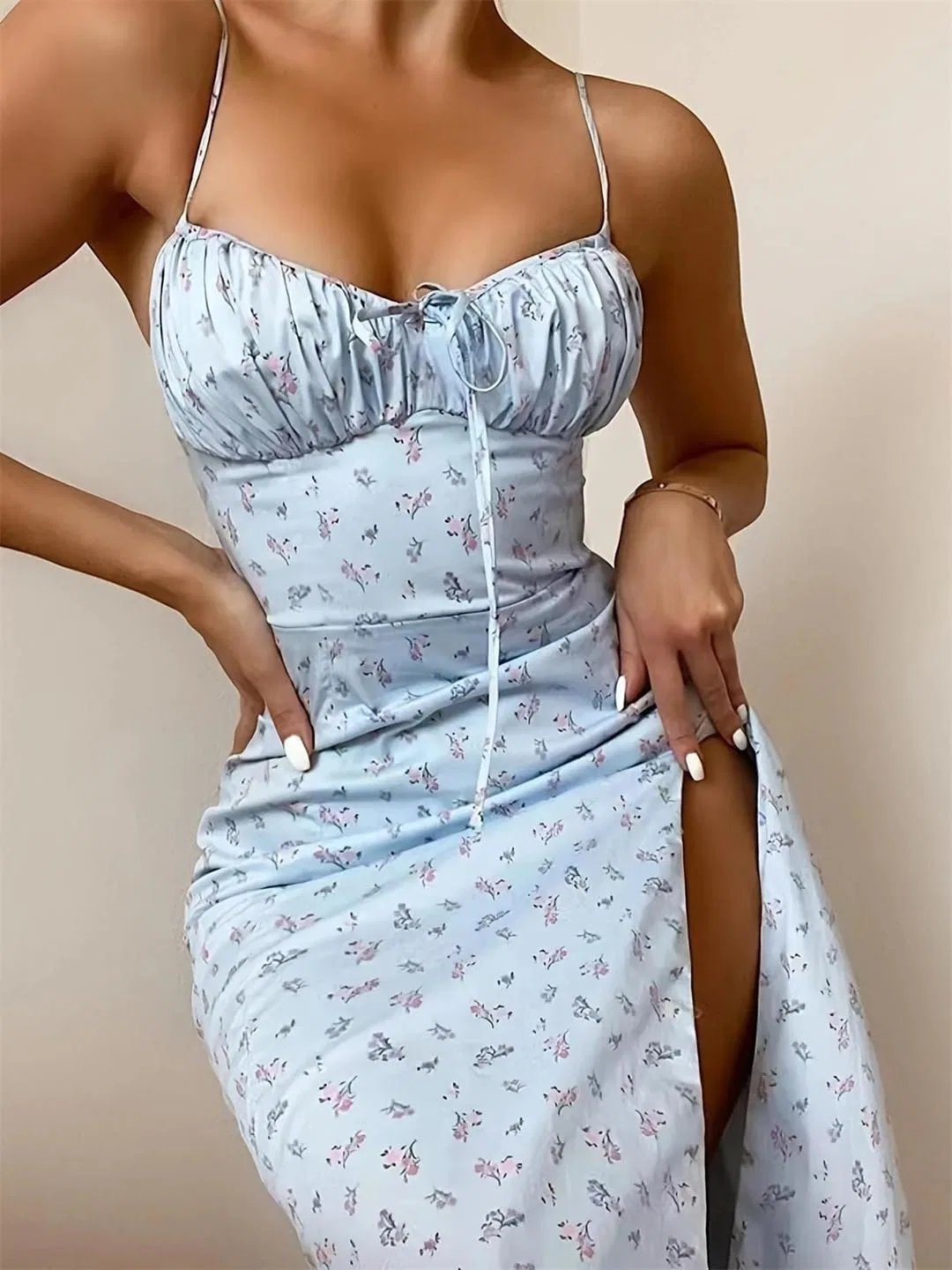 Женское длинное платье с цветочным принтом, Light Blue — фото 3