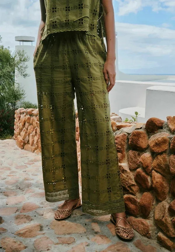 Брюки хлопковые Tall fit - broderie square wide leg trousers Next, Green, зеленый — фото 2