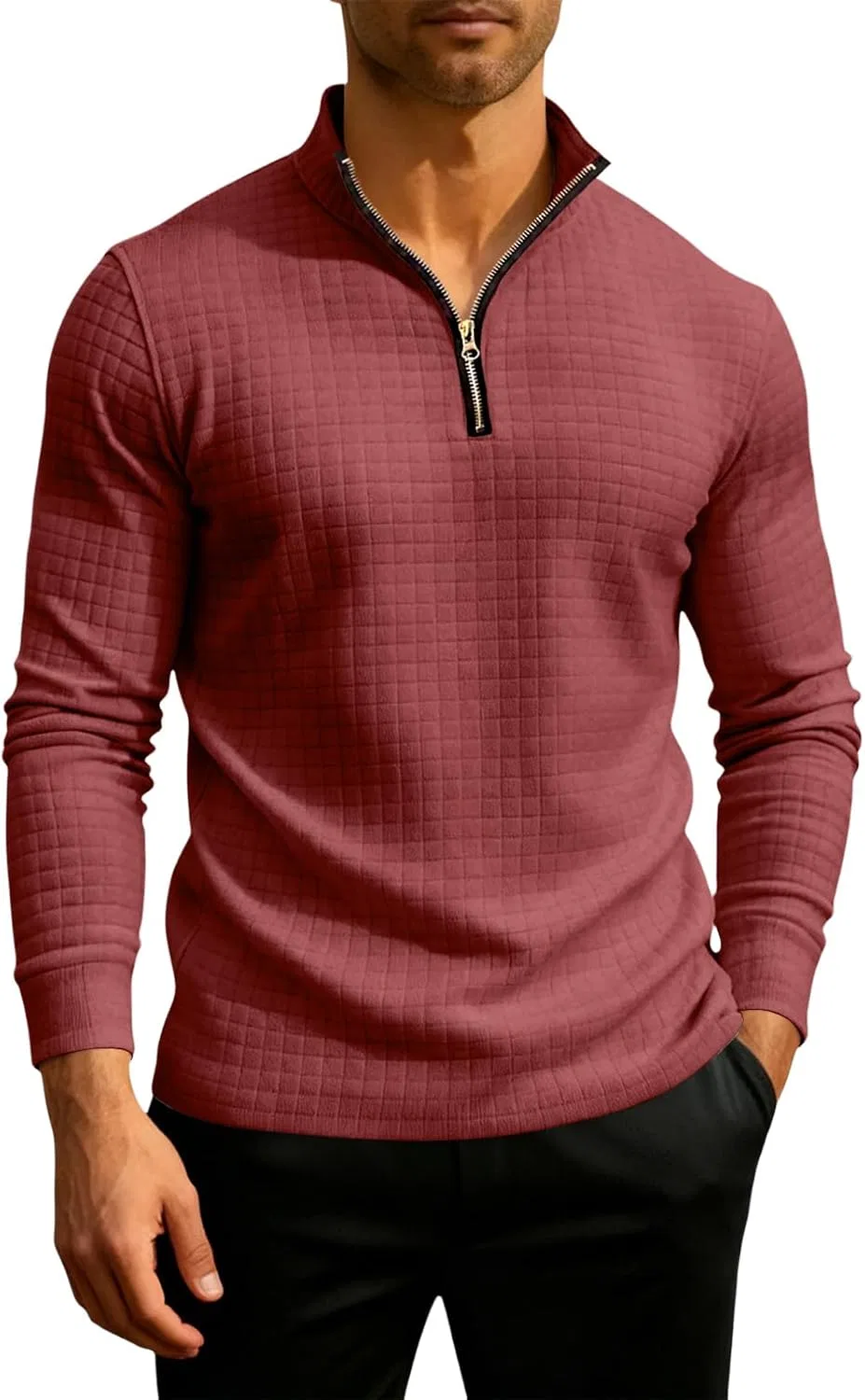 Мужская легкая футболка с длинным рукавом и четверть-застежкой, Wine