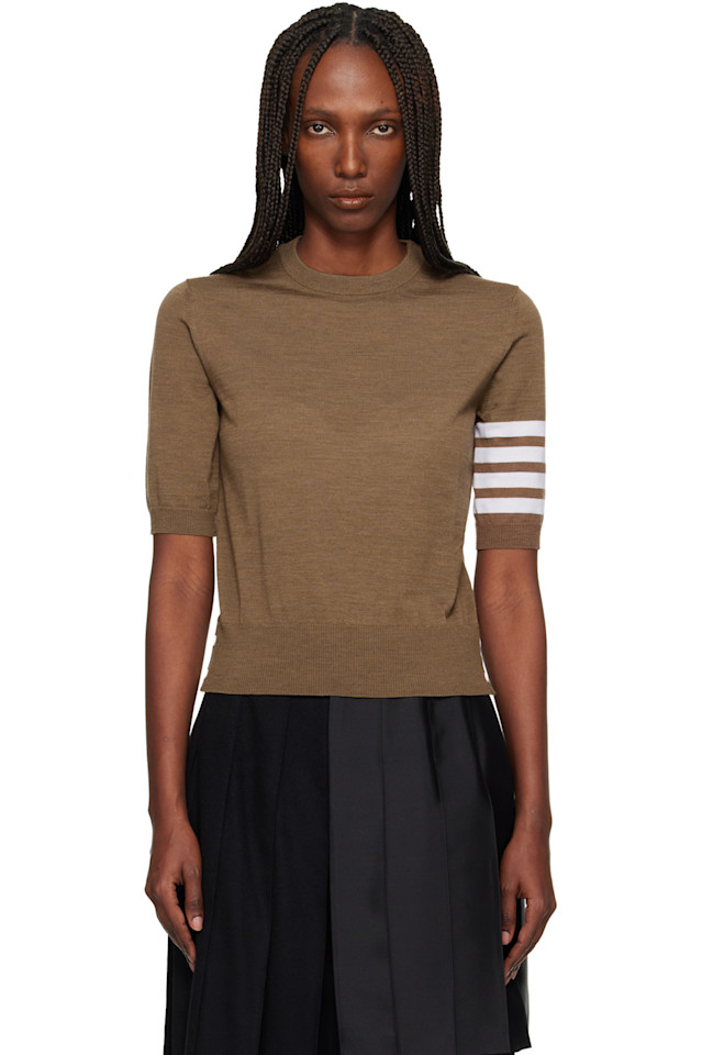 

Thom Browne Коричневый свитер из тонкой мериносовой шерсти с четырьмя полосами