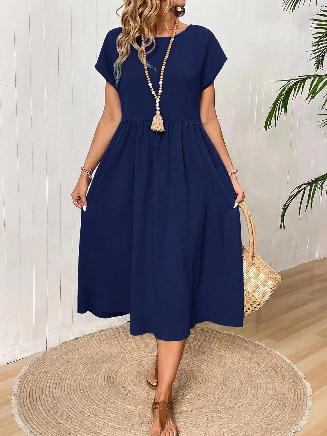 Женское повседневное платье миди А-силуэта с коротким рукавом, Navy Blue — фото 4