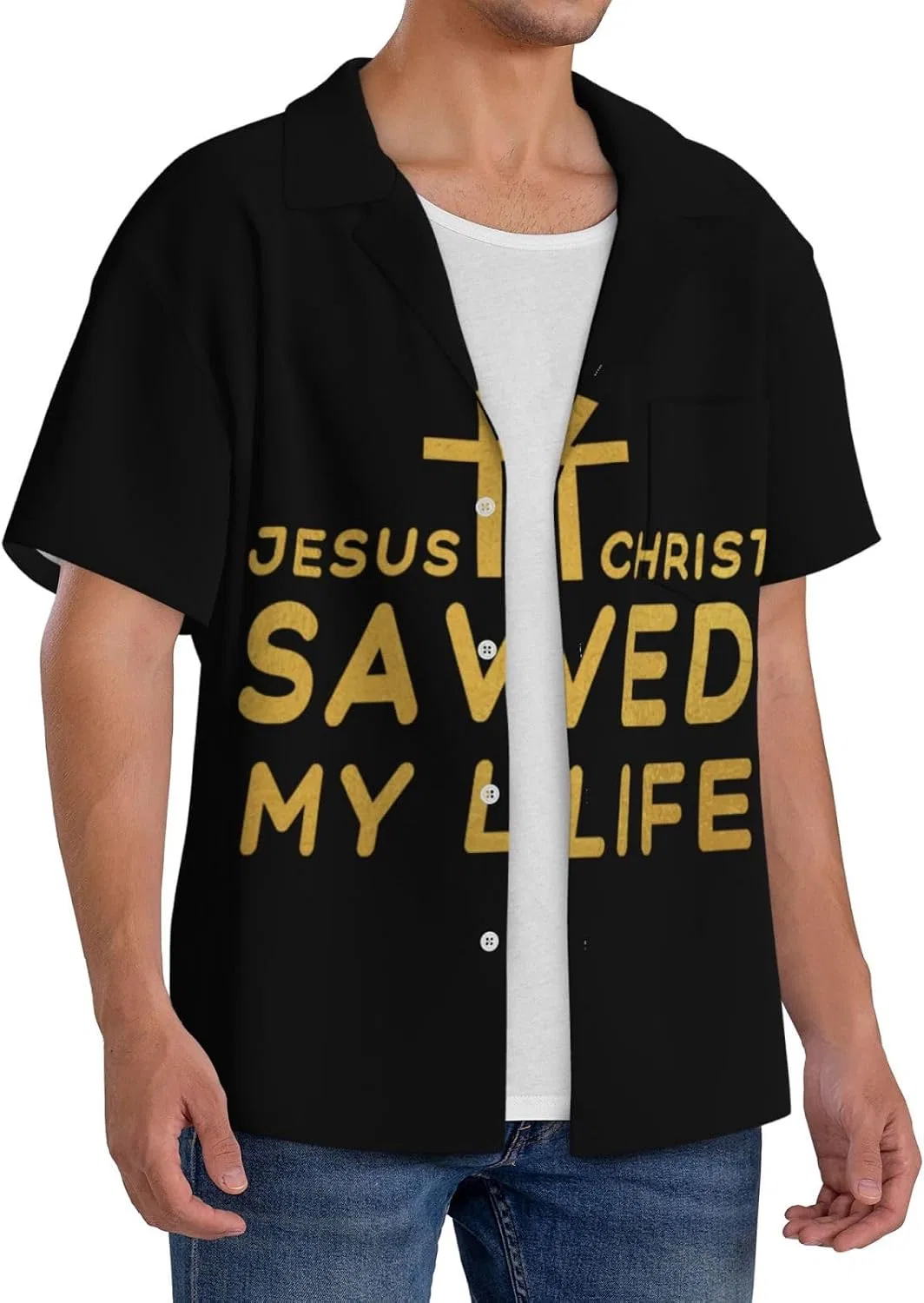 Мужская свободная рубашка с принтом Jesus Christ Saved My Life, Black — фото 2