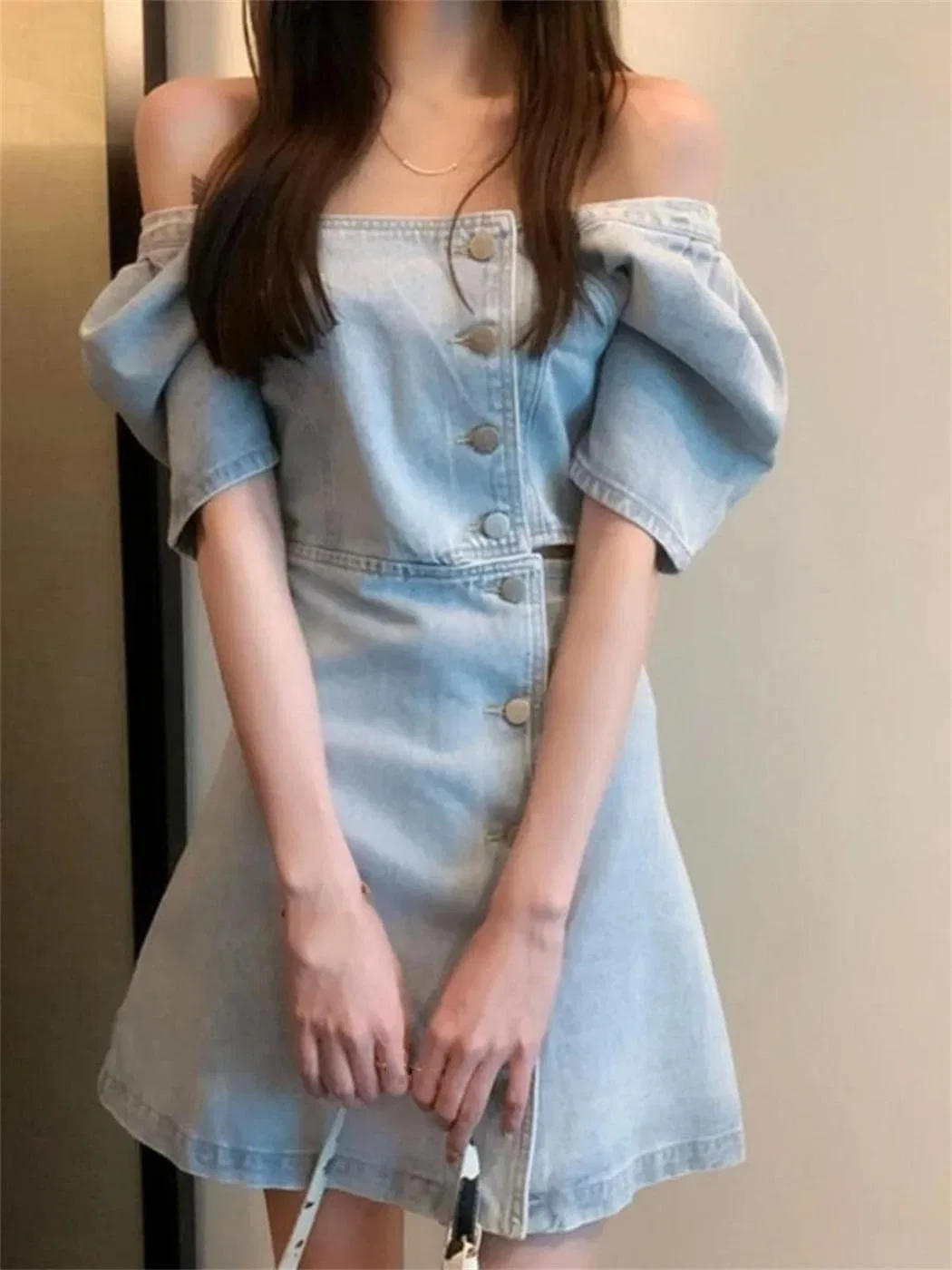 Женское джинсовое платье с открытыми плечами Retro, Blue — фото 2