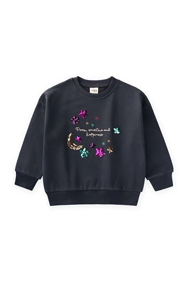 Детские свитшот для девочек с принтом Sequin Moon Star Embroidered Cigit, Anthracite