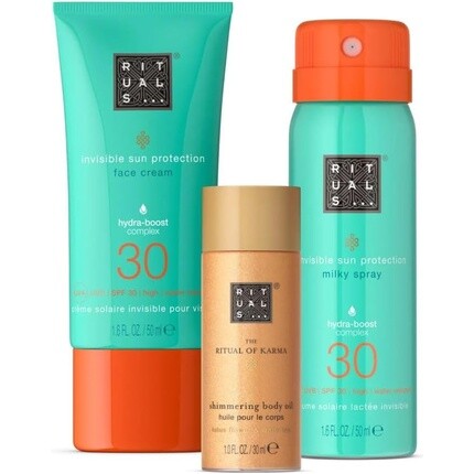 

Солнцезащитный лосьон для лица The Ritual Of Karma Summer Trio Spf30 и осветляющее масло для тела Подарочный набор для ухода за кожей с защитой от солнца на основе белого чая и цветка лотоса, Rituals