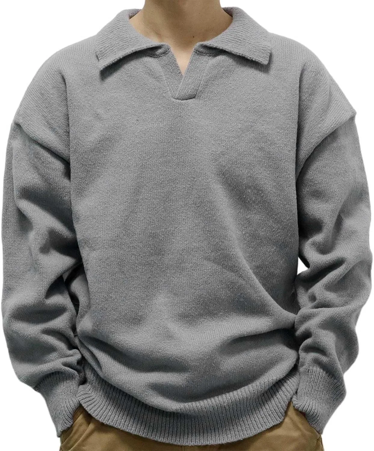 

Мужской поло свитер свободного кроя с длинным рукавом и V-образным вырезом QUNPIU