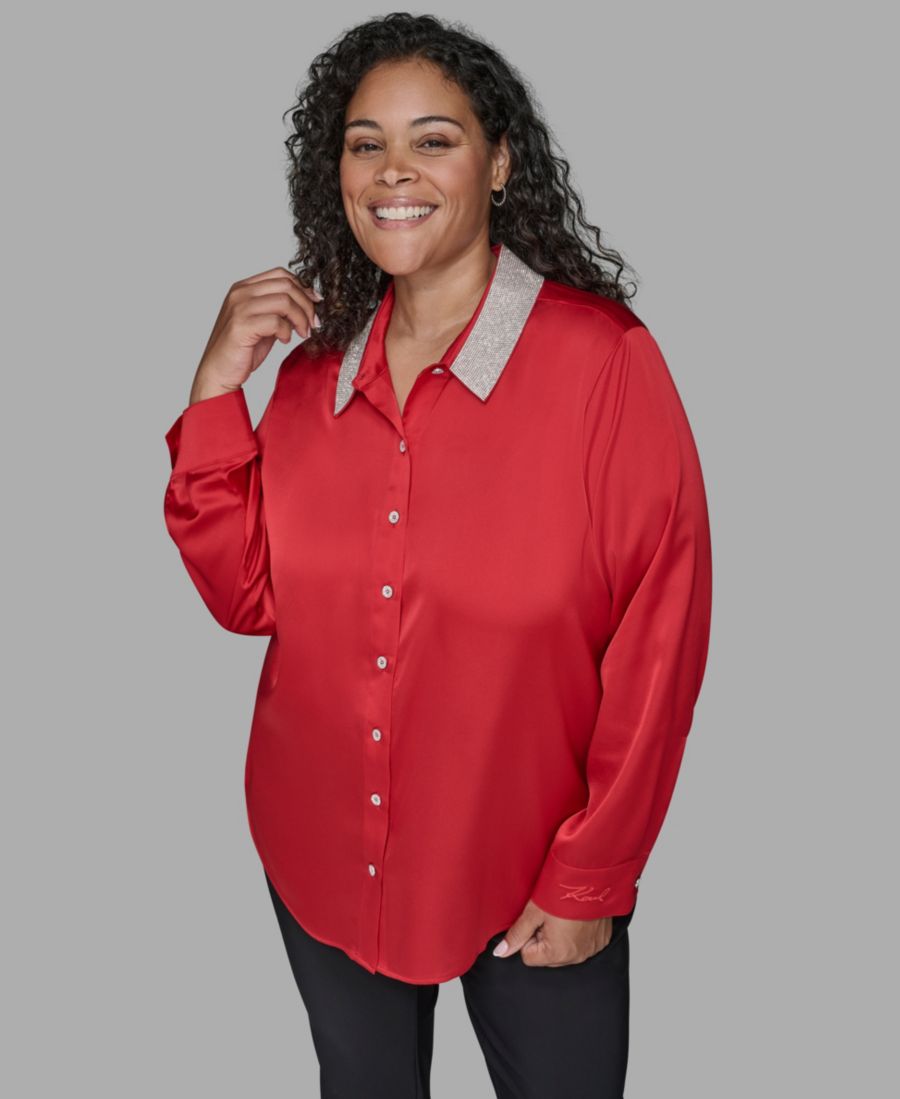 

Рубашка большого размера с воротником, украшенным кристаллами KARL LAGERFELD PARIS, Admiral Red