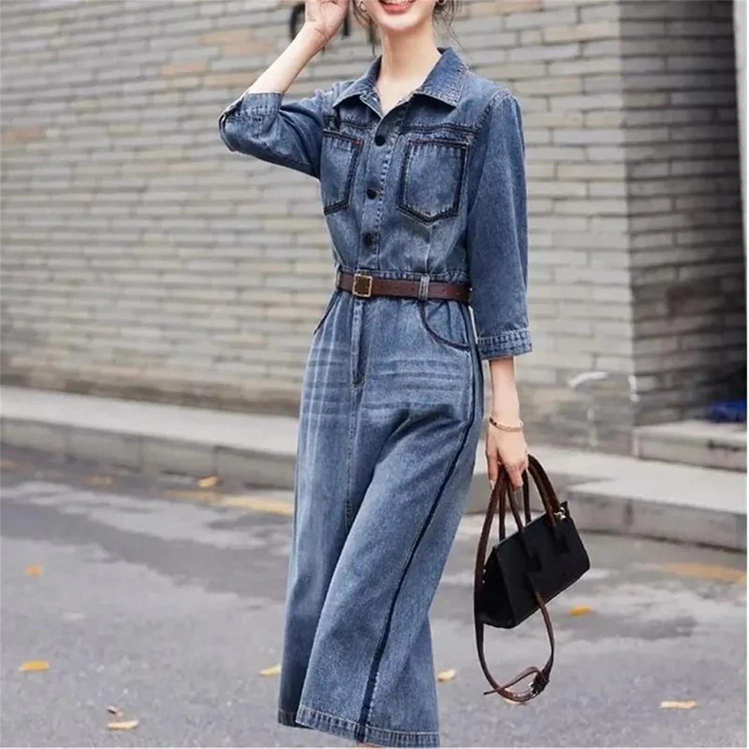 Женское джинсовое платье-рубашка с поясом Vintage, Blue — фото 4