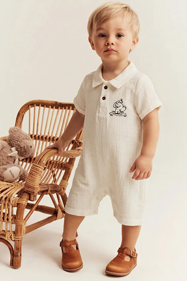 Детский комбинезон с коротким рукавом хлопковый Lilabio, Ecru