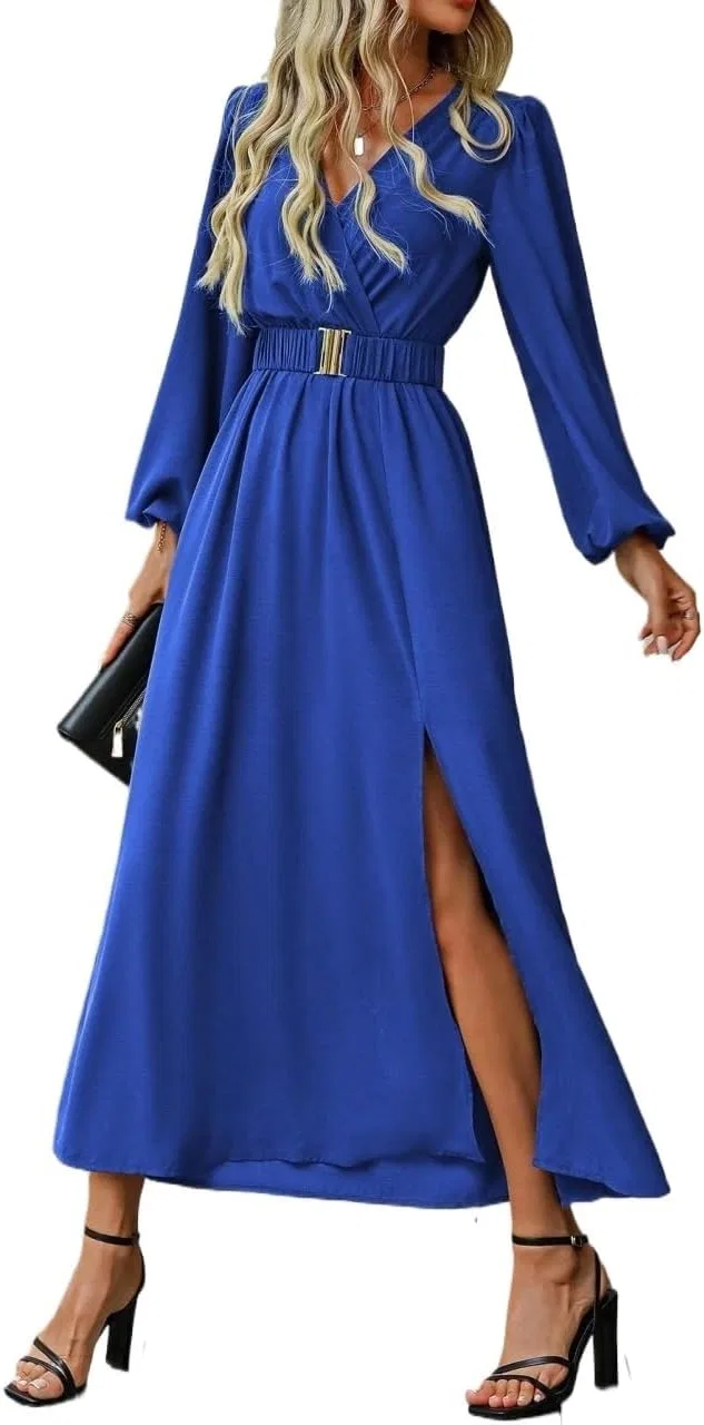 Женское повседневное платье макси с V-образным вырезом, Royal Blue