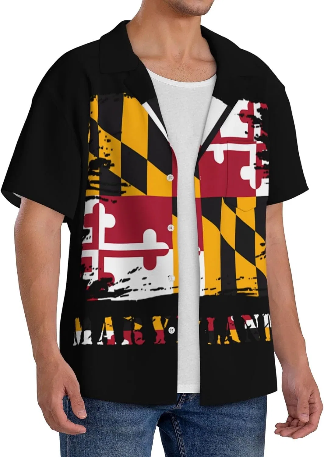 Мужская свободная рубашка с коротким рукавом Cuba Collar Maryland State Flag, Black — фото 2