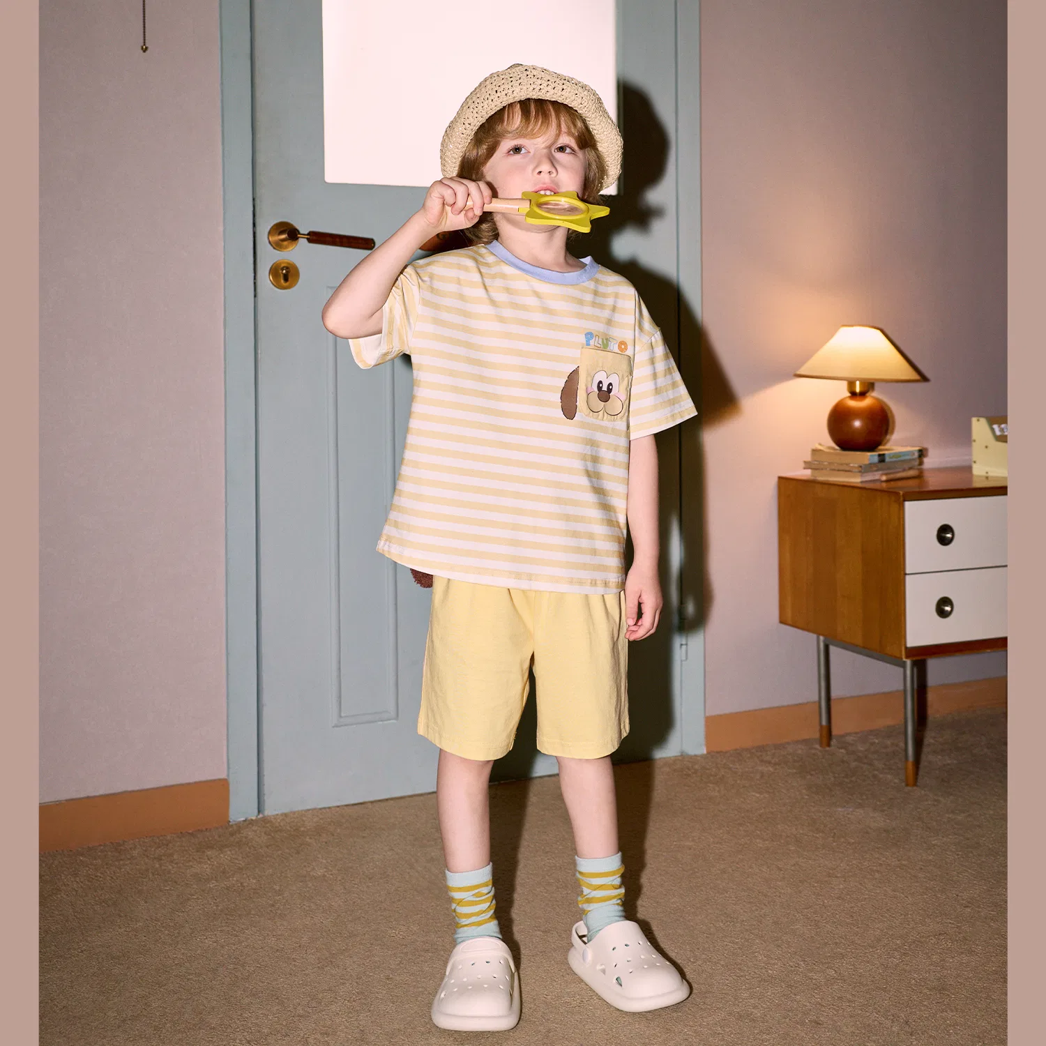 Детский комплект из футболки и шорт с принтом Disney x Pluto Soft Fine Stripe, GUKOO, Cheese Yellow — фото 4