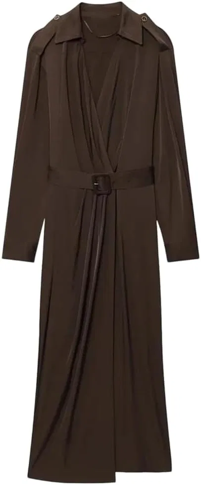 Женское повседневное платье миди с V-образным вырезом, Dark Brown