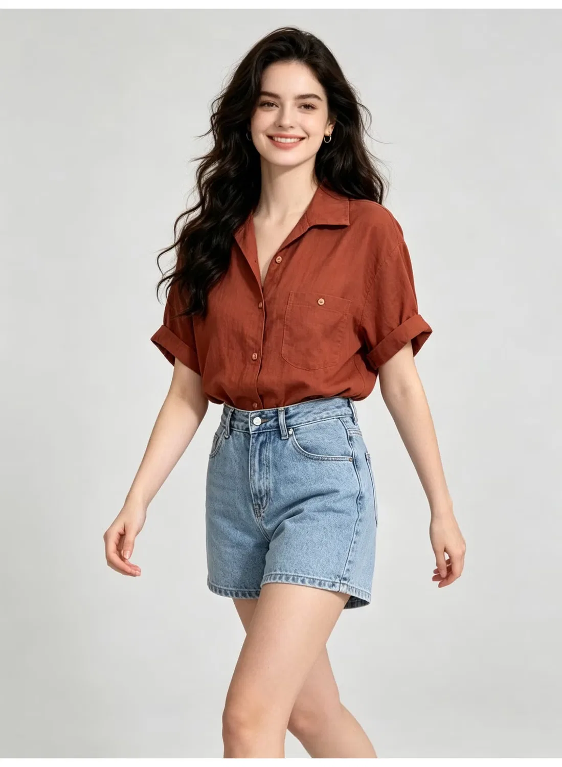 Рубашка с коротким рукавом и подвернутыми манжетами Zara, ржавый — фото 4