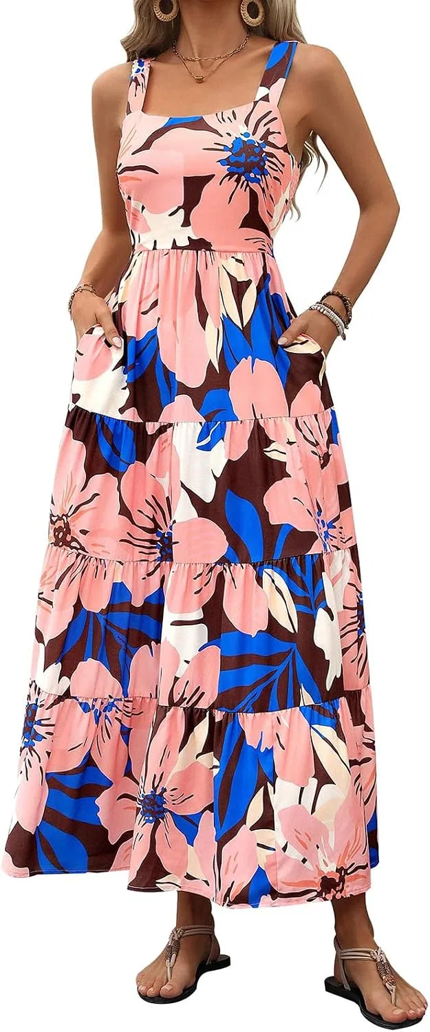 Женский летний макси-сарафан с цветочным принтом Flowy Beach Vacation Casual Boho, A1