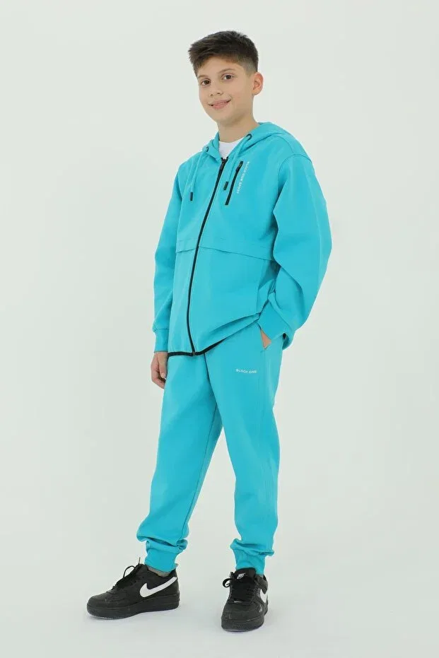 Детский комплект спортивного костюма для мальчиков с принтом Boy'S hooded three piece print detailed tracksuit set Black One, Lake Blue — фото 4