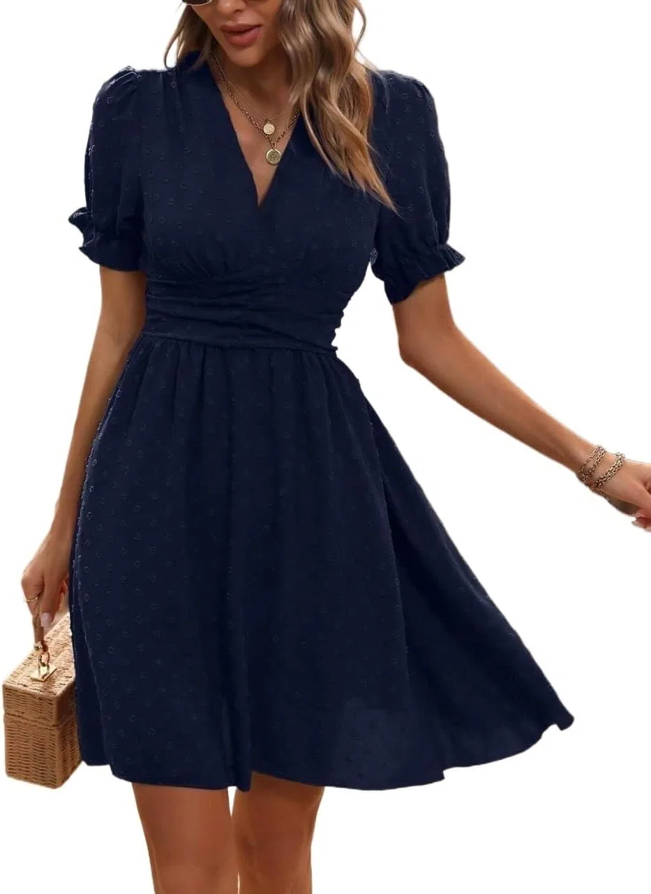 Женское летнее платье с буфами A-line, Navy Blue