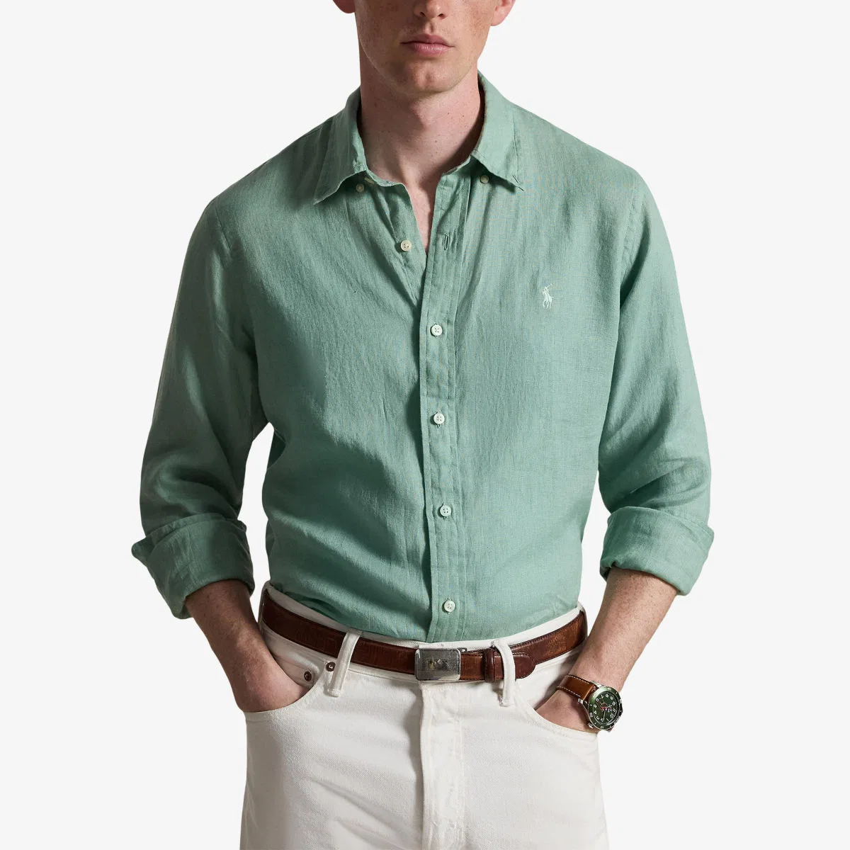 Фирменная льняная рубашка Polo Ralph Lauren, бледная мята — фото 3