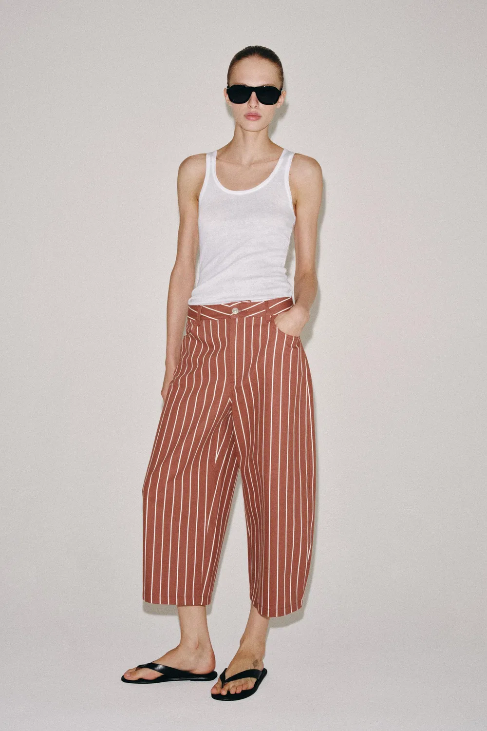 Укороченные брюки в полоску из коллекции ZW ZARA, Burgundy — фото 4