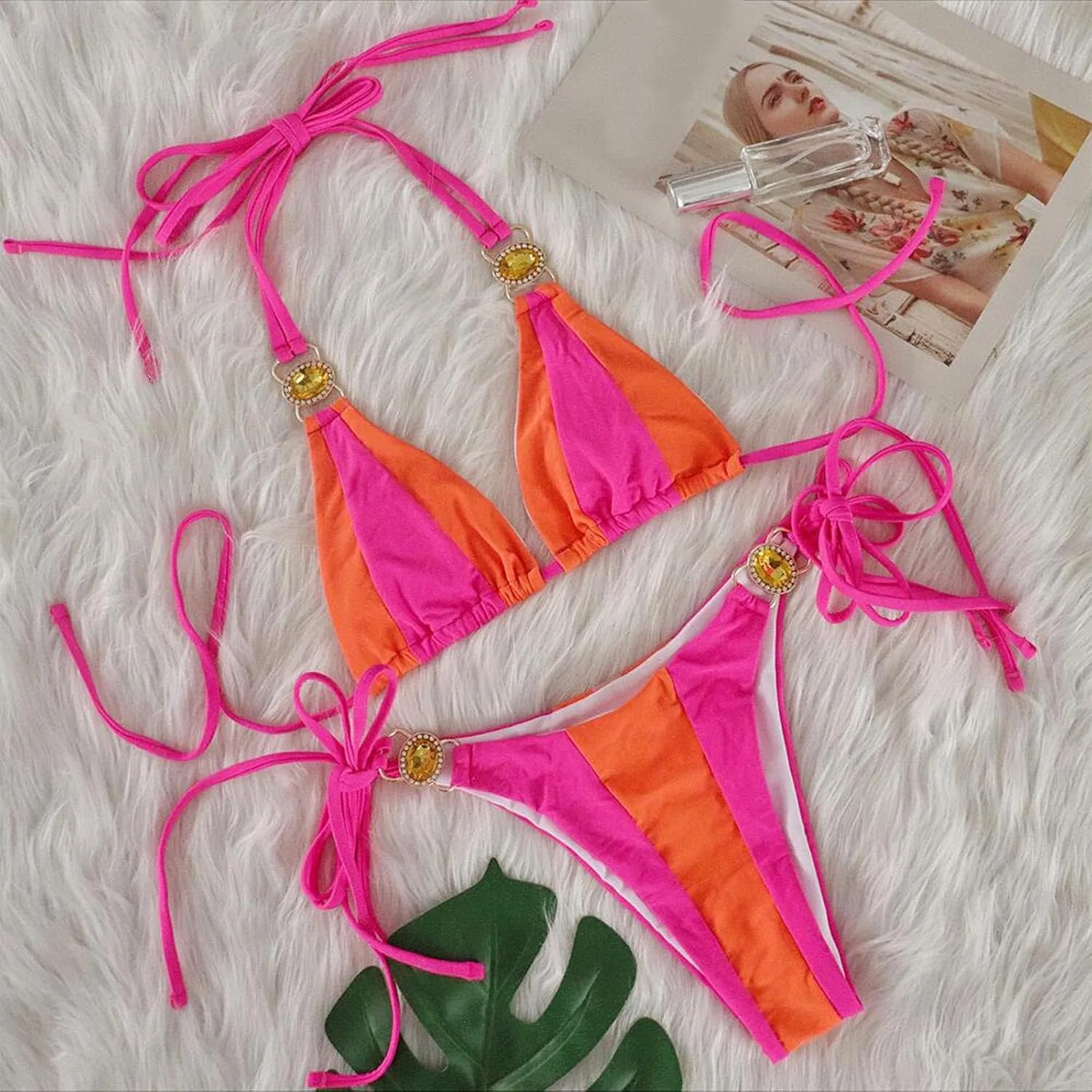 Женский бикини 2-piece треугольное с завязками, Hot Pink — фото 3