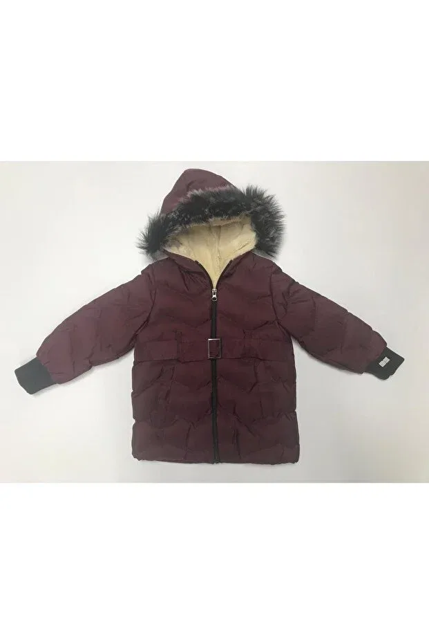 Детское зимнее пальто для девочек с капюшоном Winter zipper hooded with belt at the waist, welsoft lining, water and wind resistant baby girl children's coat Baby Slon Kids Clup, Burgundy-Buckled