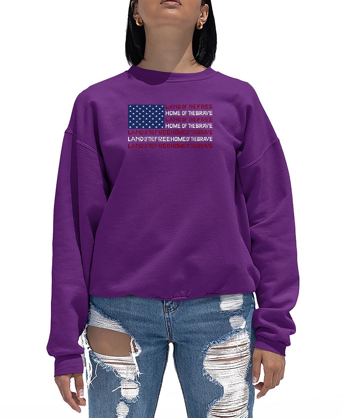 

Женская толстовка с круглым вырезом и надписью land of the free american flag word art LA Pop Art, фиолетовый