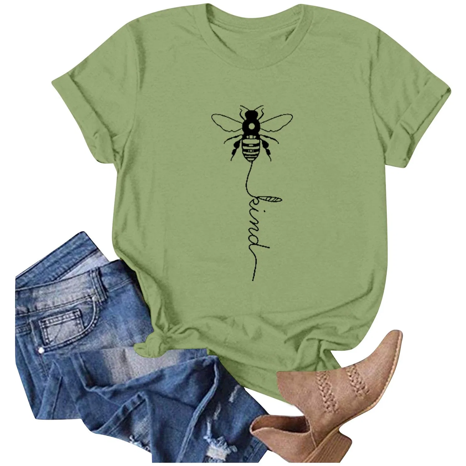 Женская футболка с принтом Girls Graphic Satin Blouses Loose Tops Plus Size Summer Sunflower Women's Basic Cotton Top, 1-green — фото 2