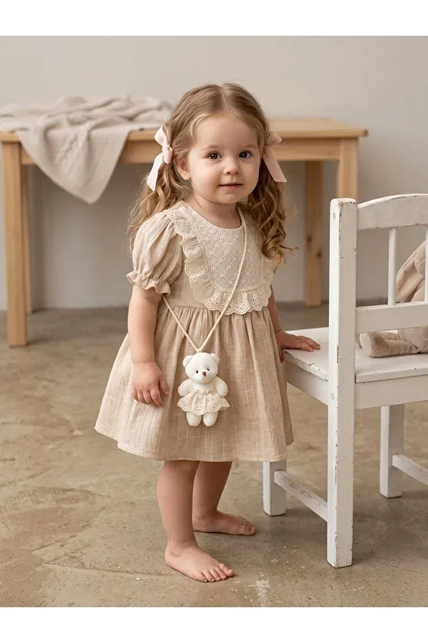 Детское платье для девочек льняное Lacy şile linen baby girl dress Cherrys Bebek, Camel