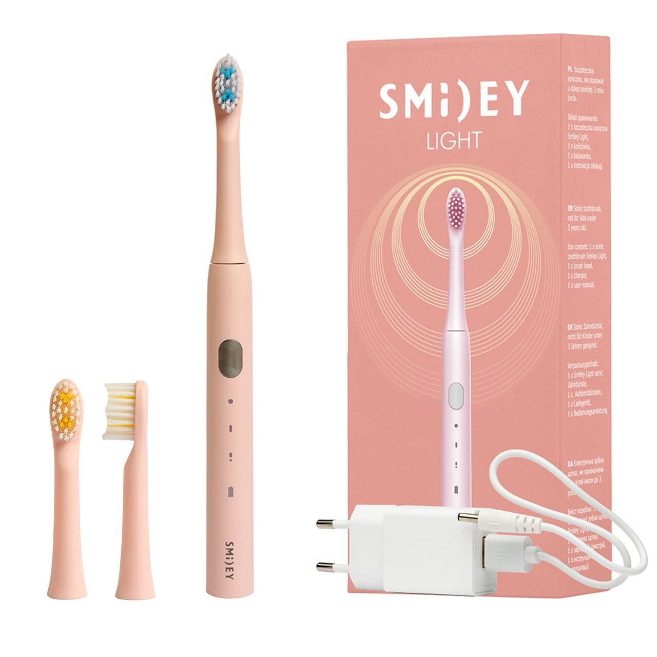 

Smiley Light комплект: розовая звуковая щетка, 1 шт + дополнительные насадки, 2 шт.