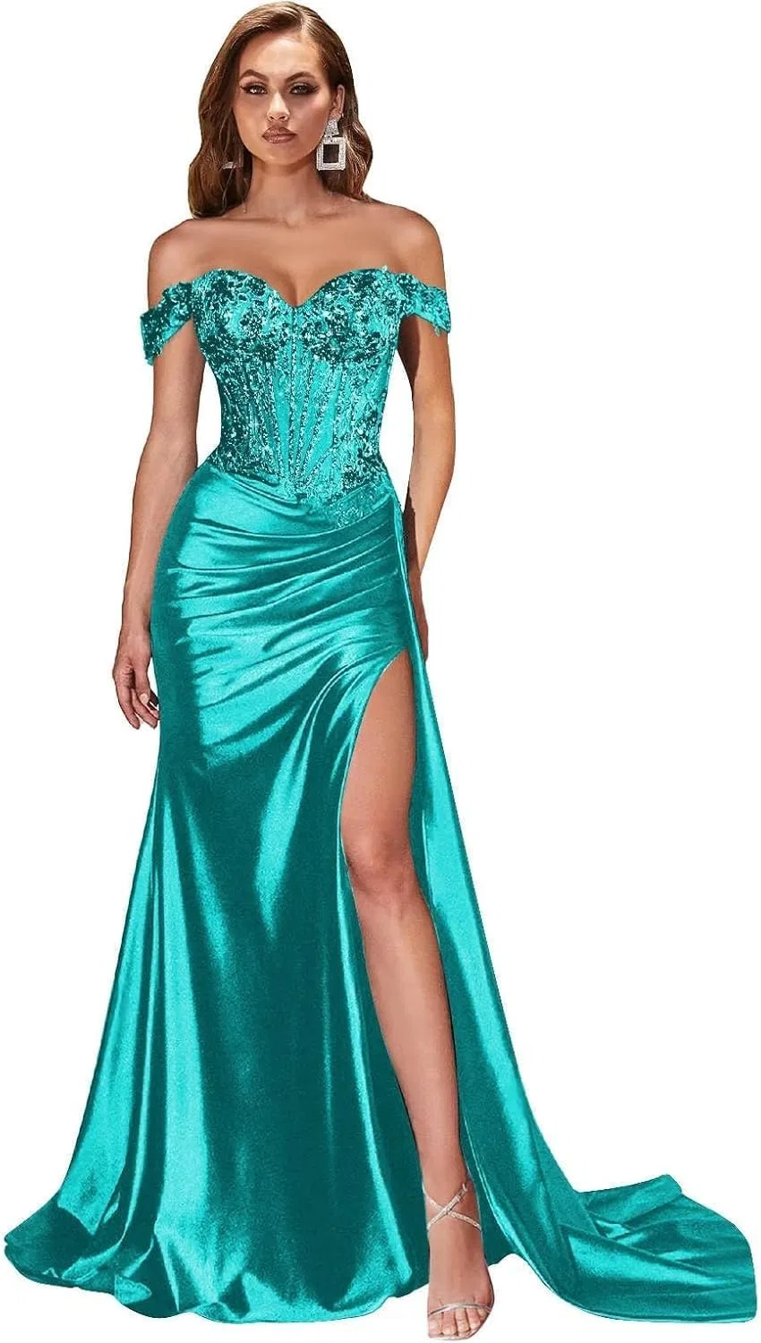 Женское вечернее платье-русалка с пайетками и аппликациями, Turquoise