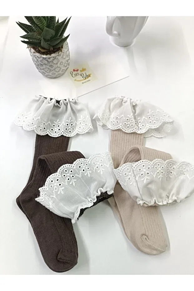 Детские носки для девочек с кружевом Eses Bebe, Beige Brown