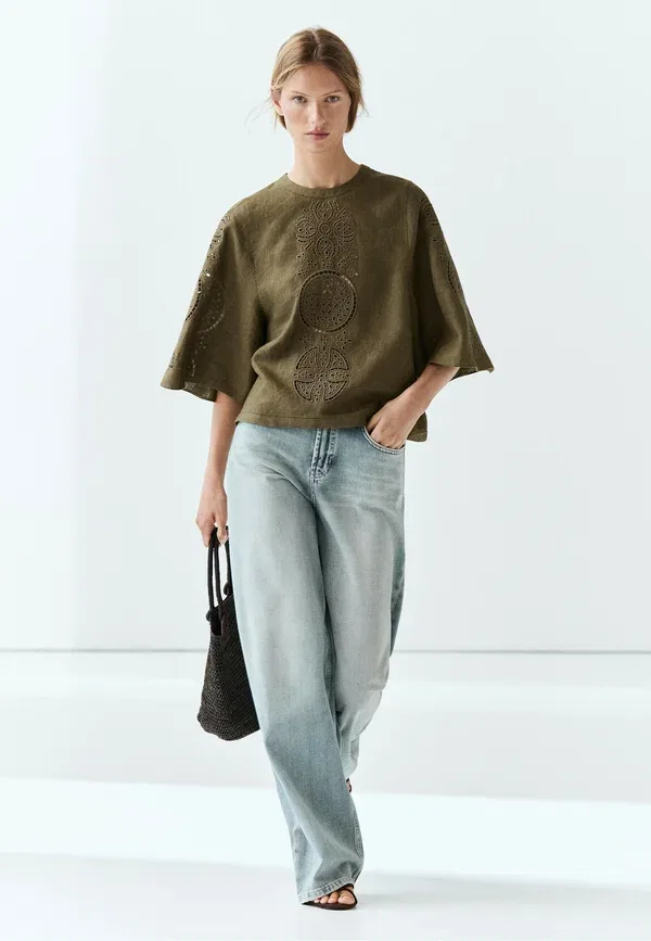 Блуза из льна Blouse Massimo Dutti, зеленый — фото 2