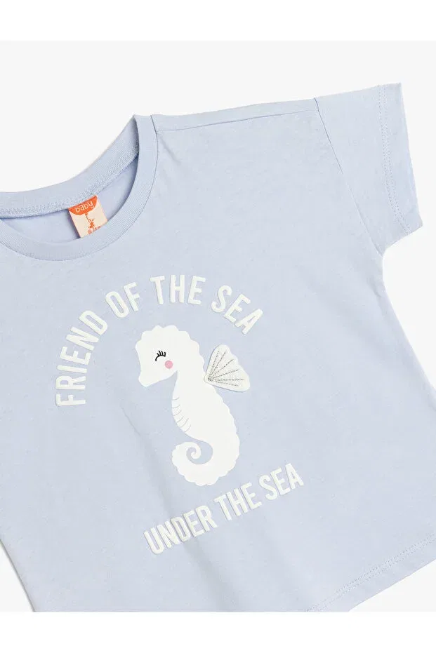 Детская футболка с принтом Cotton seahorse printed crew neck short sleeve t-shirt Koton, Blue — фото 3